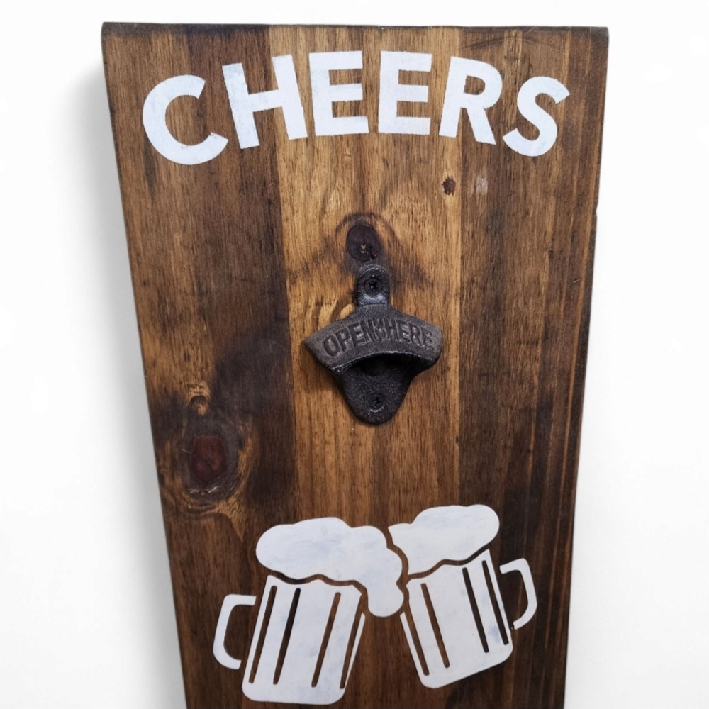 Rustic Wooden Wall Mounted Bottle Opener with Cap Catcher - Picture 2 of 6